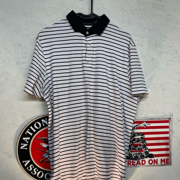 Polo Ralph Lauren. White with black striped polo. - Picture 1 of 3